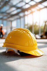 Yellow construction safety helmet in sunlit building site