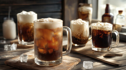 Iced Root Beer Float with Creamy Vanilla Foam in Glass Mug