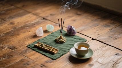 Meditation ritual from above — objects for relaxation including  candle, oils and healing crystals