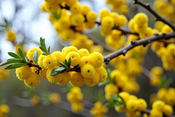 Close-Up Shot of a Wattle Tree Branch with Acacia Dealbata Yellow Fluffy Balls and Leaves, Set Against a Blur of Vibrant Mimosa Spring Flowers