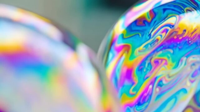 Close up of a vibrant iridescent soap bubble surface creating a mesmerizing swirl of vibrant colors and abstract patterns.