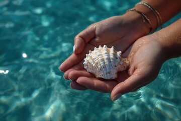 Woman holding beautiful seashell in turquoise water