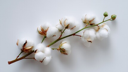 Cotton branch with fluffy bolls displayed on a neutral background in natural light, showcasing agricultural beauty