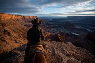 Cowboy riding horse at sunrise overlooking Dead Horse Point State Park and Colorado River, Utah, USA