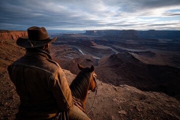 Cowboy riding horse admiring canyonlands national park at sunrise