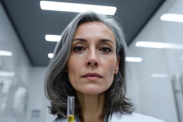 Scientist looking at camera holding test tube in laboratory