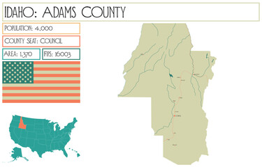 Naklejka premium Large and detailed map of Adams County in Idaho USA.
