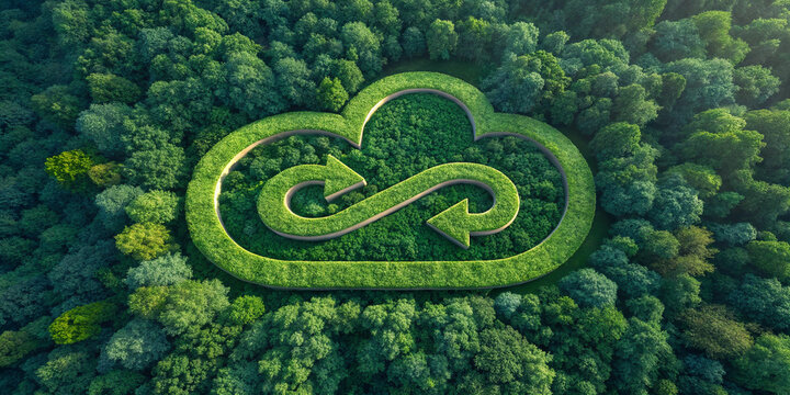 A circular economy icon in a cloud shape, a conceptual image of sustainability, recycling, and environmental business models