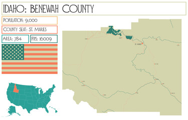 Large and detailed map of Benewah County in Idaho USA.