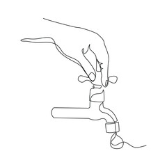 Continuous line hand holding water tap faucet sink bathroom and kitchen equipment household domestic sketch drawing editable stroke vector illustration