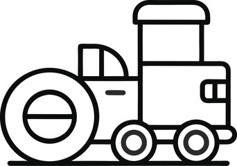 Minimalist road roller line icon with single drum roller in front and open cab line art.








