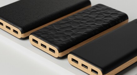 Three power banks with unique textured black surfaces and light wood trim on white