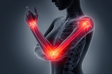 Woman Feeling elbow Pain with Glowing X-Ray Illustration of Joint Inflammation,