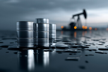 Metal oil barrels on wet surface with oil pump jack in background, industrial energy production and petroleum extraction at dusk, symbolizing global fuel and resource economy