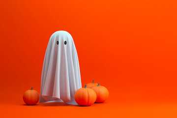 Minimalist ghost and pumpkins on vibrant orange background, playful Halloween scene – spooky holiday seasonal celebration concept.