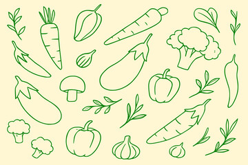 Hand Drawn Green Outline Vegetable and Herb Doodle Set