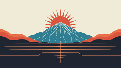 Minimalist vector landscape of a mountain with sunrise. Bold geometric shapes with warm colors and stylized lines reflecting on water