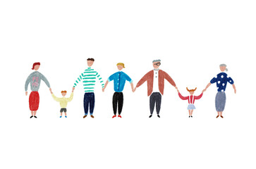 手描きイラスト  横に並んで手をつなぐ人々