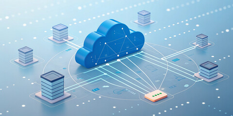 Cloud computing concept with a blue cloud-shaped structure and data icons, representing network technology, data management, and digital services