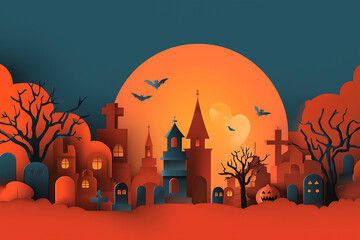 Haunted graveyard and spooky castle at night with bats and glowing pumpkins, Halloween atmosphere – fantasy, holiday, celebration concept.