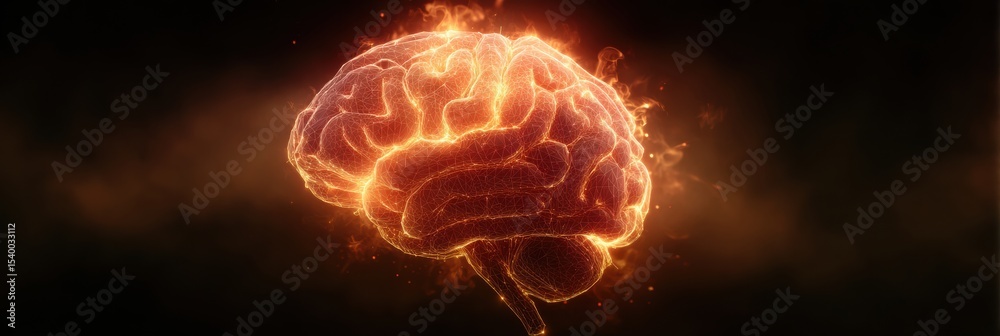 Poster overheated brain symbol glowing with vibrant colors and soft gradients against a dark background ill