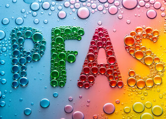 PFAS sign with Bubble: A striking visual representation of the chemical substances "PFAS" formed by bubbles, showcasing a creative perspective in color gradients.