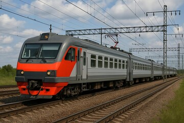Obraz premium Modern Electric Train on Railway Tracks Under Clear Sky