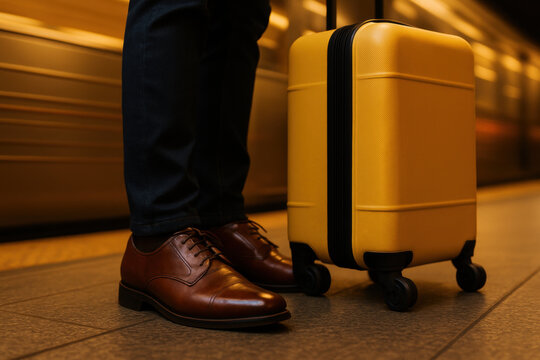 Traveler waiting at underground platform with yellow suitcase and formal shoes, ready for urban commute and public transportation