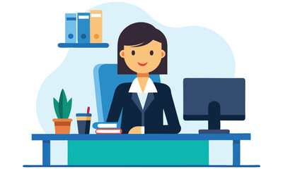 Businesswoman at desk working on computer isolated on white background