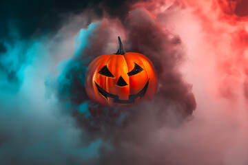 Grinning jack-o'-lantern surrounded by vibrant red and blue smoke, mysterious Halloween atmosphere – spooky celebration and autumn holiday concept.
