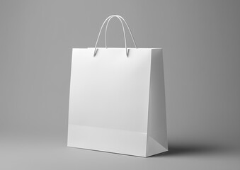 White shopping bag on grey background, ultra high-res vector, 8K detail, pro color grading, clean focus, stock photo style, minimal and sharp design
