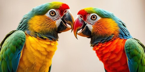 Two parrots gently nibbling each other's beaks, playful interaction, companion, parrot