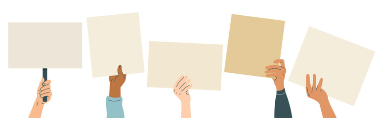 Mains de différentes couleurs de peau qui tiennent des pancartes dans une manifestation - Vecteur minimal, illustration éditable