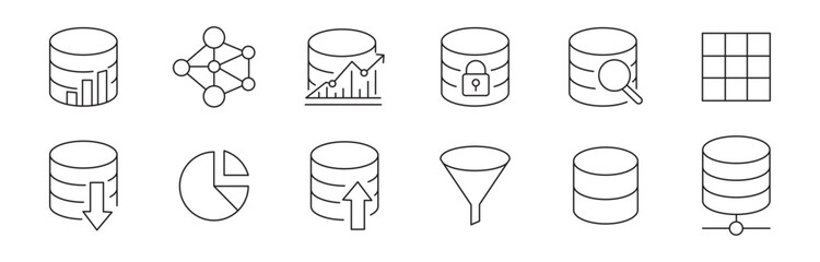 Database icon set. Editable stroke. Thin line icons related to data exchange, traffic, files, cloud, server.  vector illustration . 