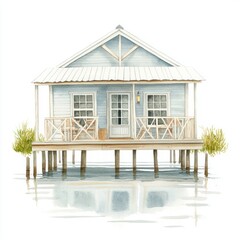 Watercolor illustration of a light-blue,  coastal cabin