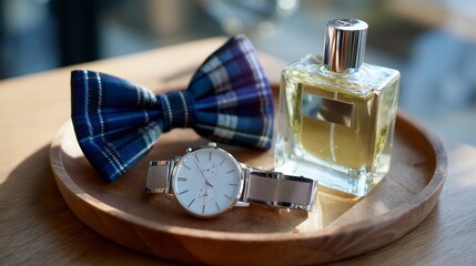 Stylish essentials arranged on a wooden tray featuring a watch, bow tie, and fragrance in a bright setting during daylight