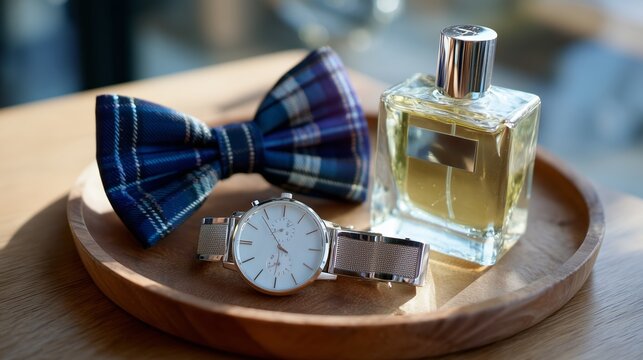 Stylish essentials arranged on a wooden tray featuring a watch, bow tie, and fragrance in a bright setting during daylight