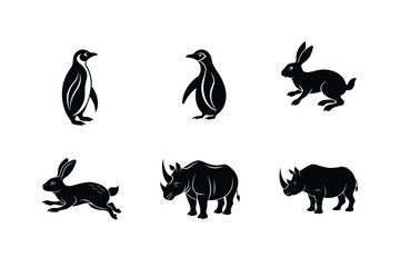 Black silhouette illustrations of a penguin rabbit and rhino animal design elements