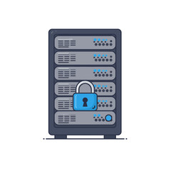 Secure Server Rack with Blue Padlock Protecting Data and Network Infrastructure.