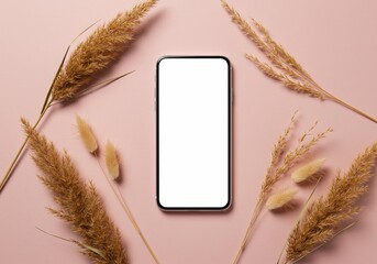 Smartphone Mockup with Dried Floral Arrangement on a Pink Background
