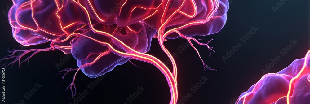 Poster Neon Lights Illuminate Abstract Brain Nerves Over a Dark Soft Surface in a Vibrant Display of Color and Creativity