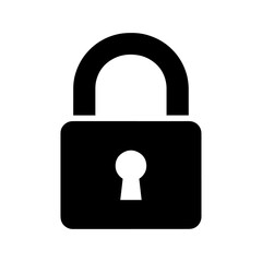The image depicts a black simplistic padlock with a shackle and a keyhole against a white background