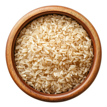 Brown rice grains fill a wooden bowl isolated on transparent background.