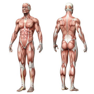 Male muscular system anatomy front and back view isolated on transparent background