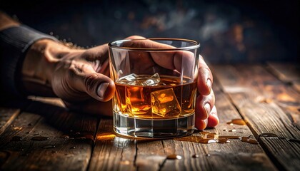 Male hand holding a glass of whiskey with ice on rustic wooden table