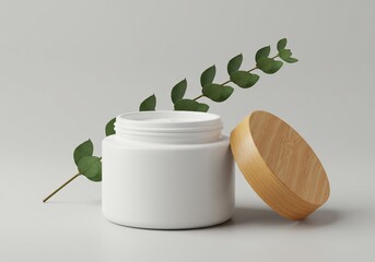 White Cream Jar with Eucalyptus Branch and Wooden Lid
