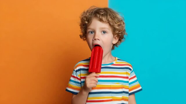 Cute curly-haired boy licking red popsicle against colorful orange and blue background, summer concept