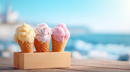 Three ice cream cones in pastel shades (vanilla, strawberry, and possibly cookies & cream) sit in a small wooden box on a rustic wooden surface, with a blurred ocean and sky background