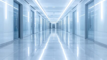 Modern office hallway bathed in cool light