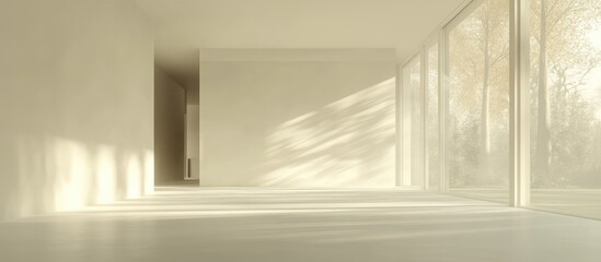 Obraz premium Empty, sunlit, minimalist interior with large windows
